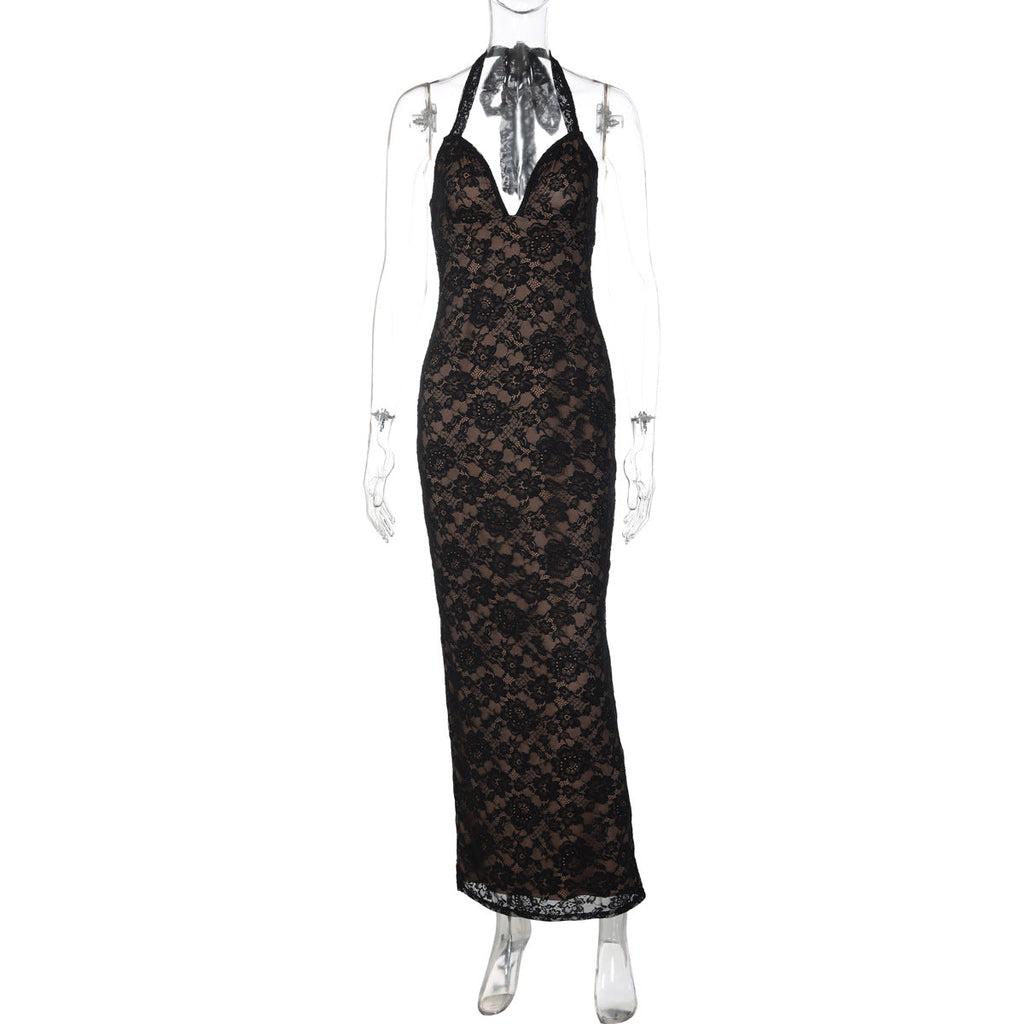 Women Clothing Winter Sexy Deep V Plunge Lace Halter Lace up Dress