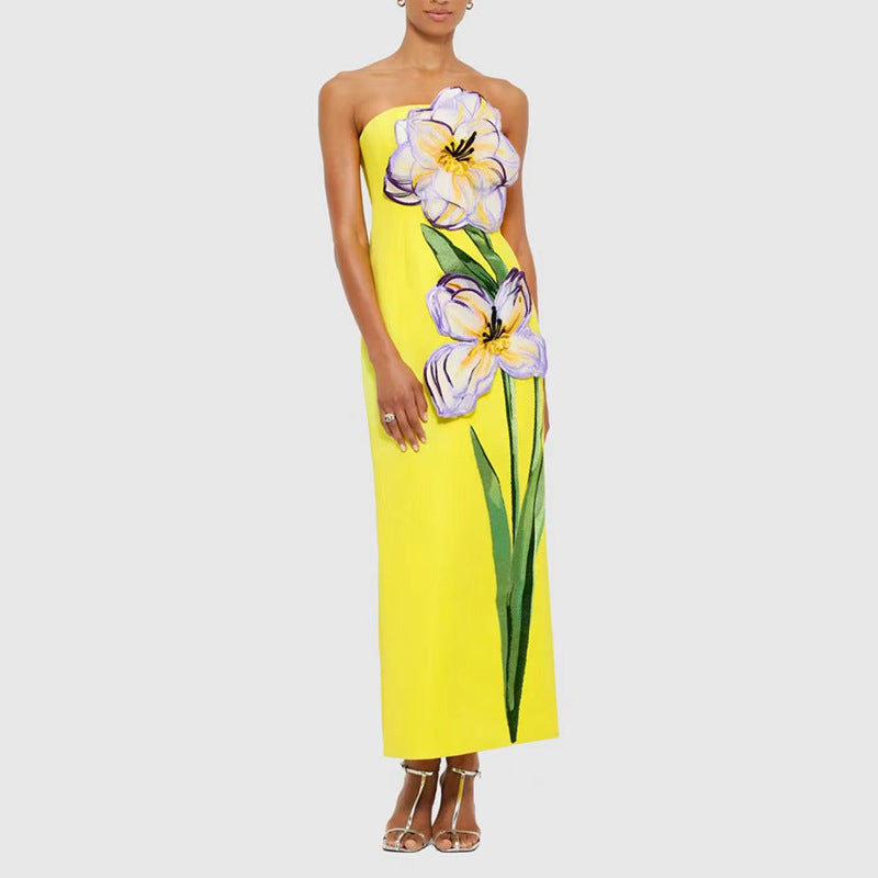 Socialite Design Maxi Dress Floral Embroidered Tube Top Sleeveless Slimming Dress Women