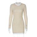 Women Clothing Autumn Crew Neck Long Sleeve Color Matching Slim Hip Bag Dress