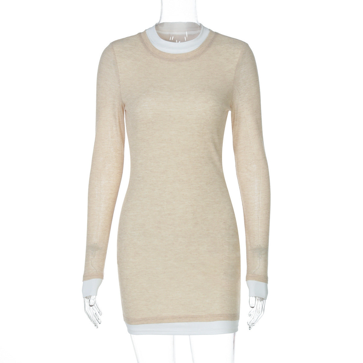 Women Clothing Autumn Crew Neck Long Sleeve Color Matching Slim Hip Bag Dress