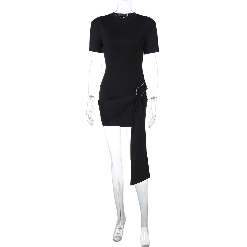 Women Clothing Spring Metal Buckle Decoration round Neck Half Sleeve Short Dress