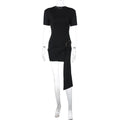 Women Clothing Spring Metal Buckle Decoration round Neck Half Sleeve Short Dress