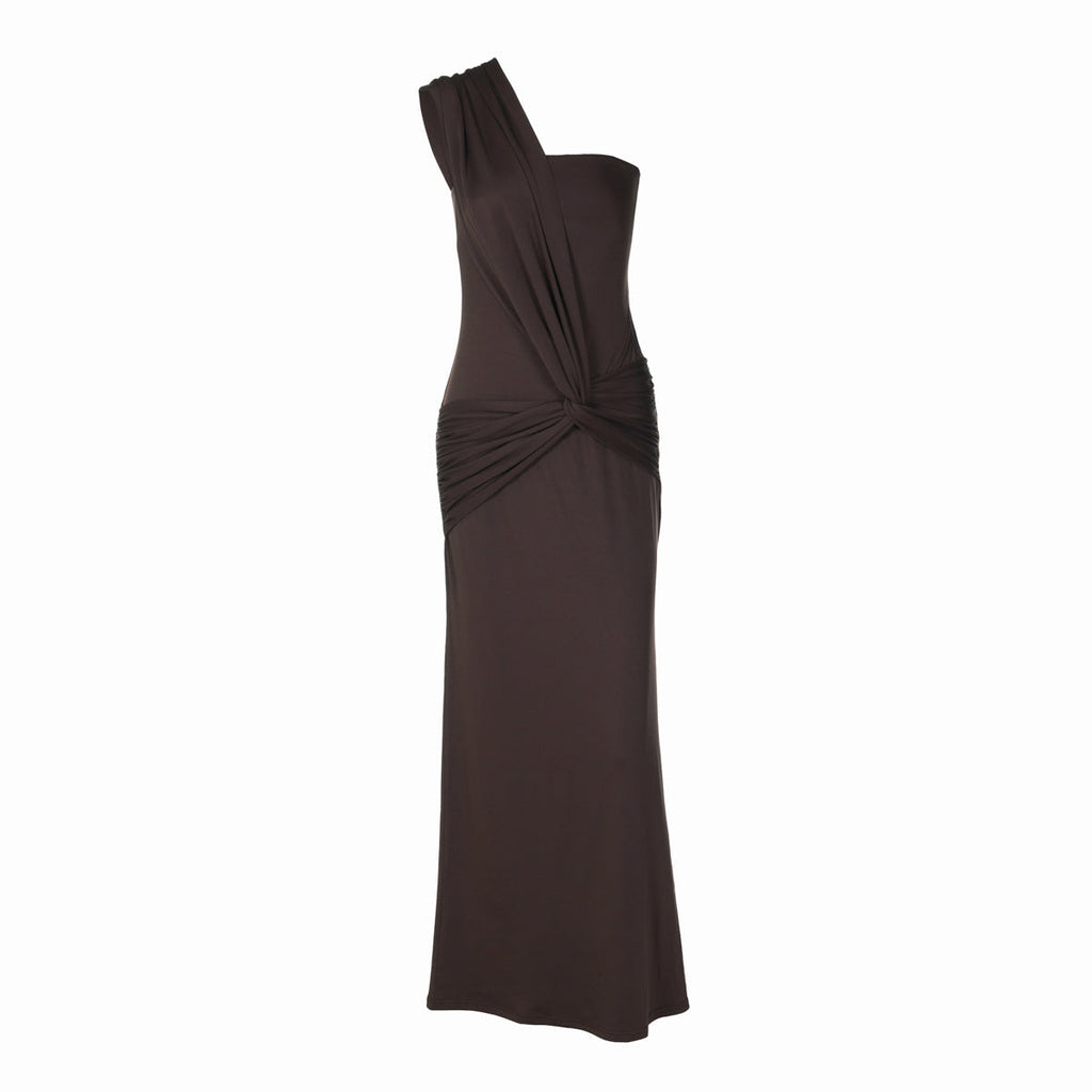 Women Clothing Winter Sexy Side Hollow Out Cutout Cross Strap One Shoulder Dress