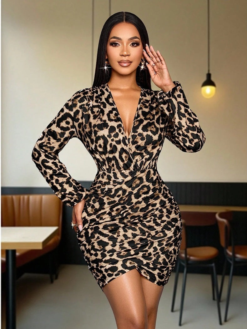 Women Clothing Autumn Winter Leopard Print Long Sleeve Dress Sexy Printed Satin Dress
