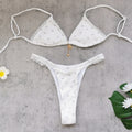 Fresh Printed Three Point Bikini Sexy Backless Lace up Low Waist Split Swimsuit for Women