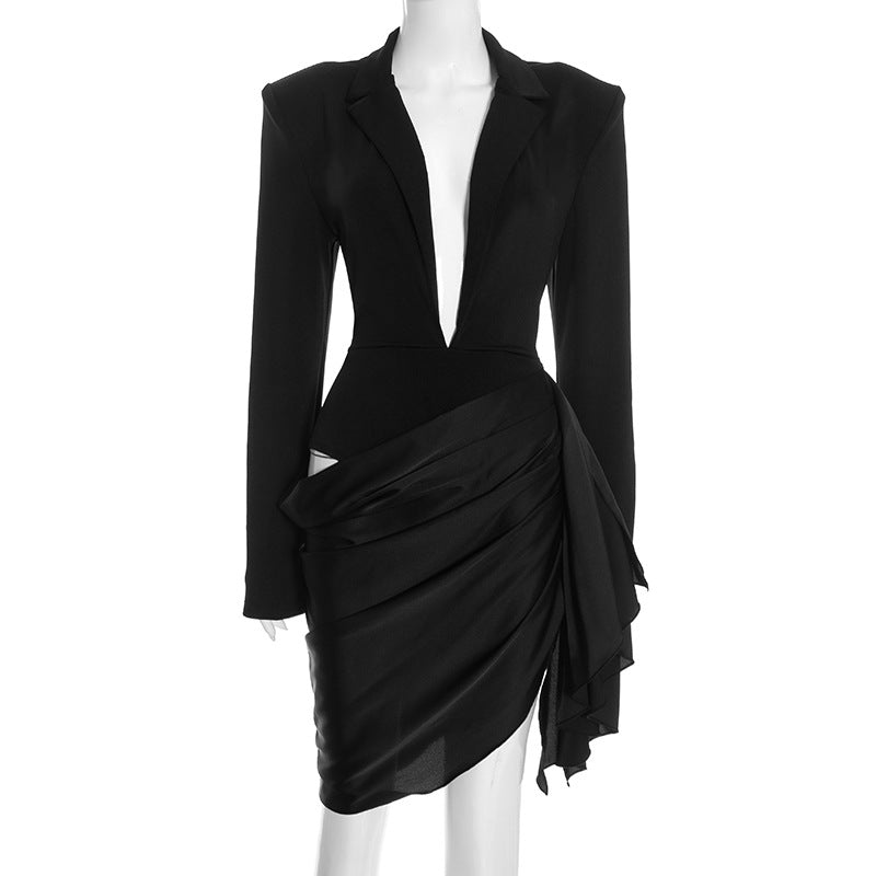 Women Clothing Autumn Winter Solid Color Long Sleeve Deep V Plunge neck Oblique Ribbon Business Blazers Dress