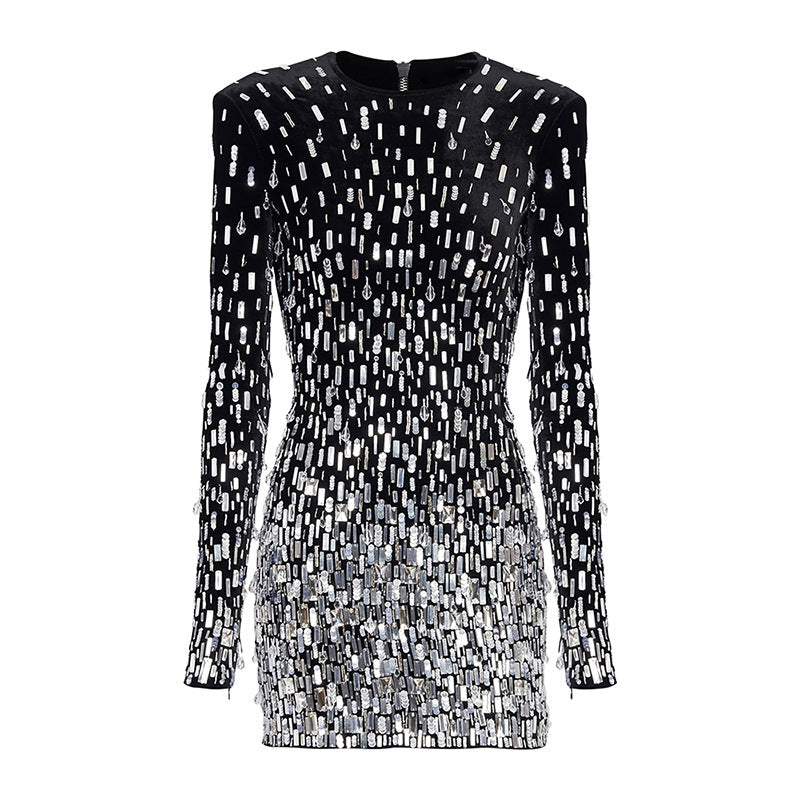 Women Autumn Winter Stars Heavy Industry Beads Sequined Pleuche Long Sleeve Dress