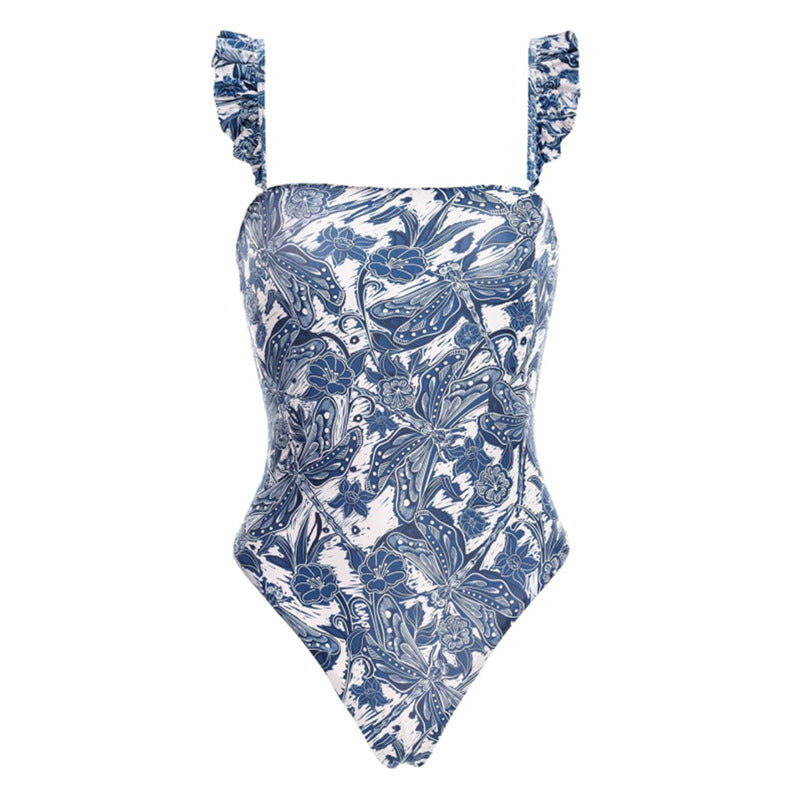 Flying Edge One Piece Women Swimwear European, French Retro Cover Belly Slimming Swimsuit Chiffon Beach Dress