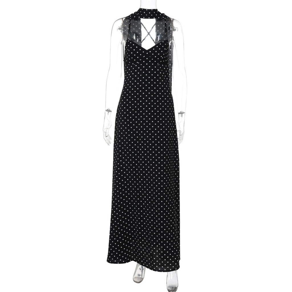 Summer Women Clothing French Dot Sexy V neck Strap Backless Dress