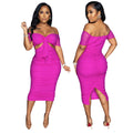 Women Clothing Nightclub Uniforms Mesh Pleats Split off-Shoulder Sexy Dress