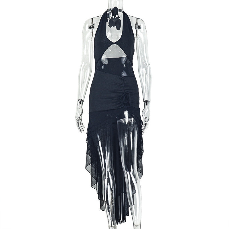 Women Clothing Sheath Pleated Floral Asymmetric Dress V neck Sleeveless Dovetail Backless Short Dress