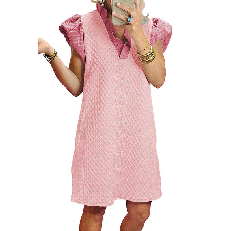 Spring Pullover V Neck Dress Women Simple Ruffled Loose Short Dress Women