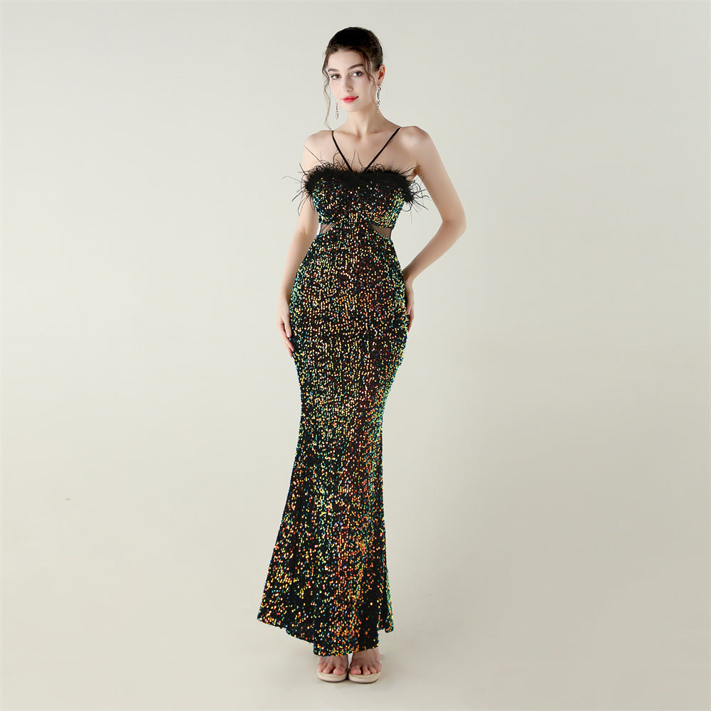 Velvet Bottom Sequin Craft Ostrich Feather Handmade Evening Dress Fishtail A Hemline High End Dinner Dress