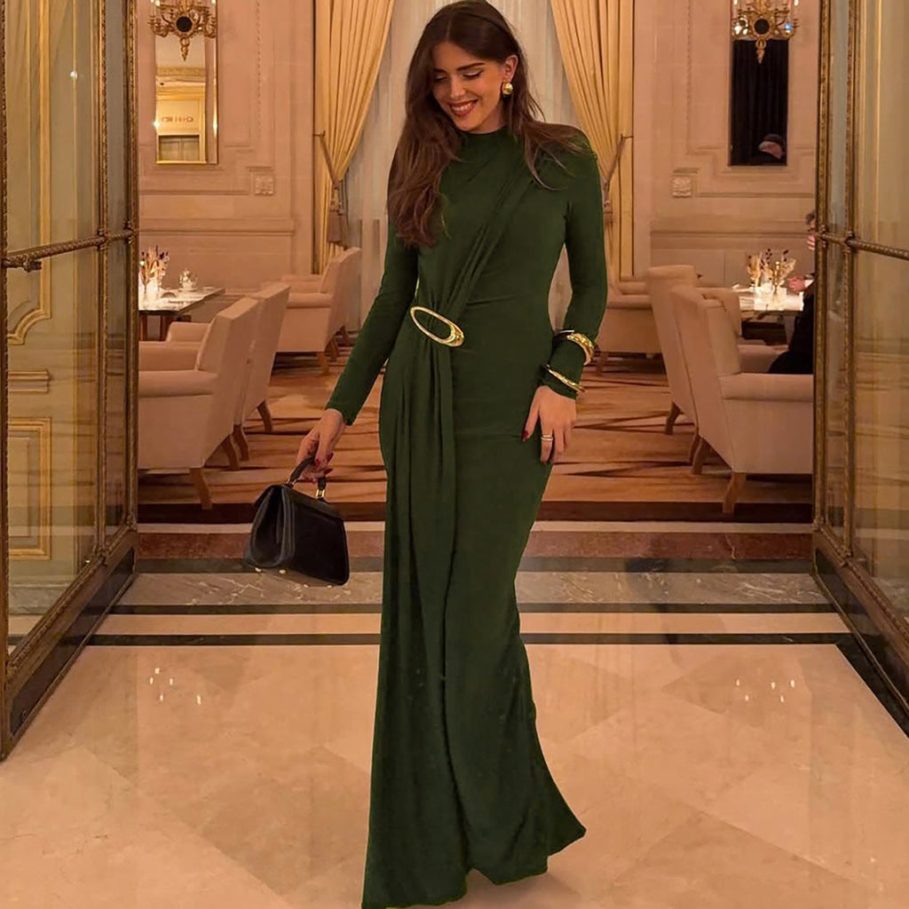 Autumn Winter Women Elegant Slim Formal Dress Solid Color Ribbon Dress