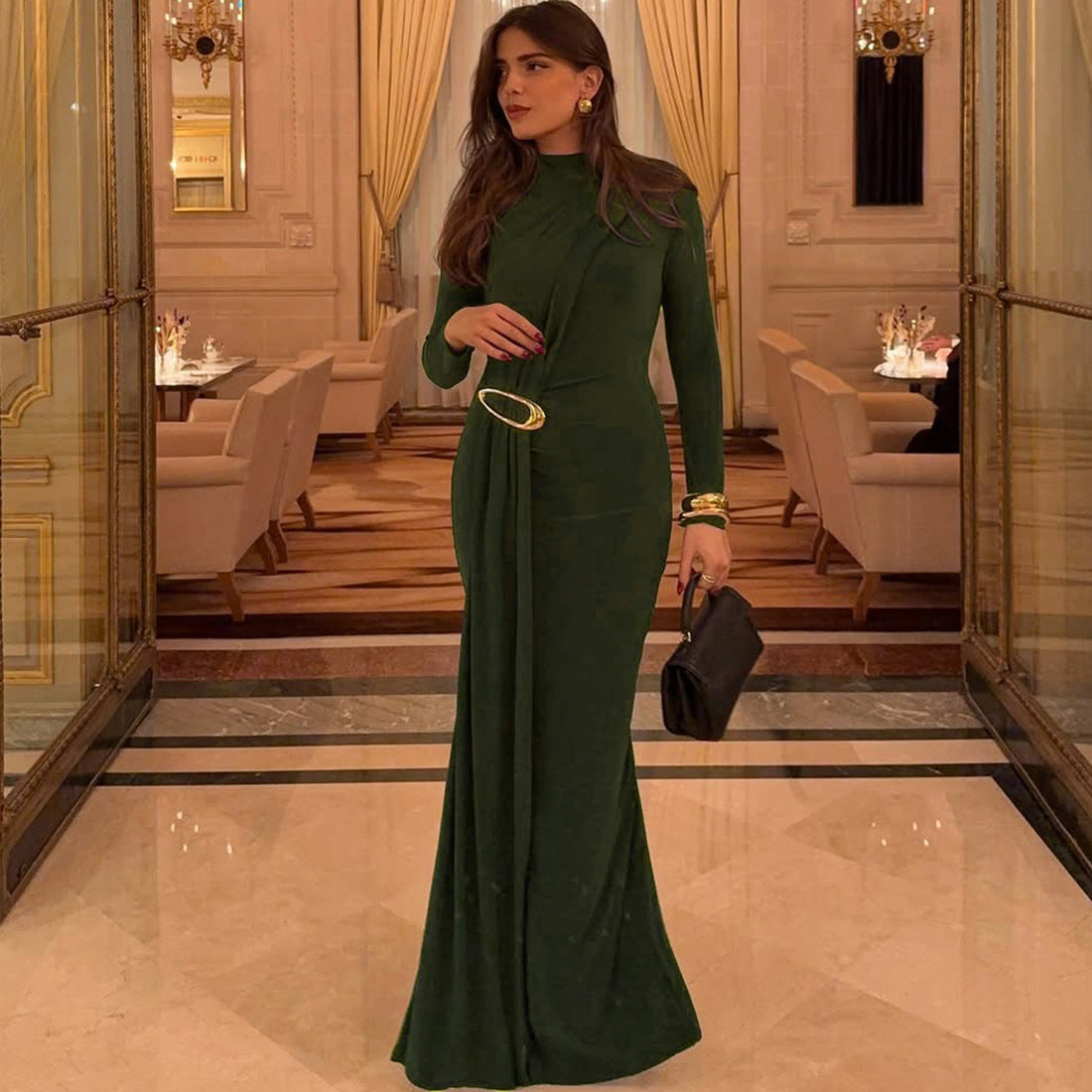 Autumn Winter Women Elegant Slim Formal Dress Solid Color Ribbon Dress