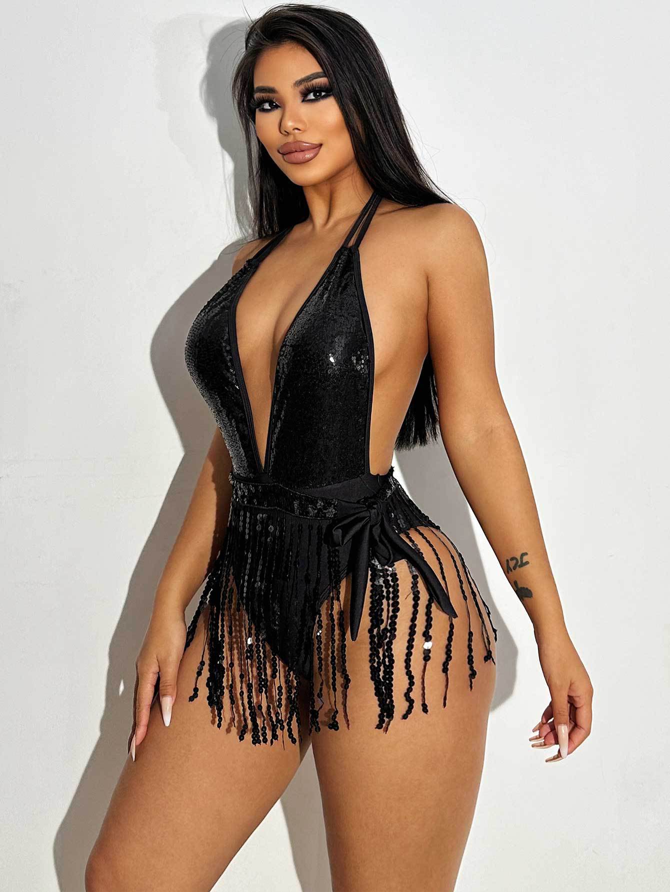 Swimwear Women Sexy Deep V Plunge Swimsuit Tassel One Piece Swimsuit Bikini Swimsuit