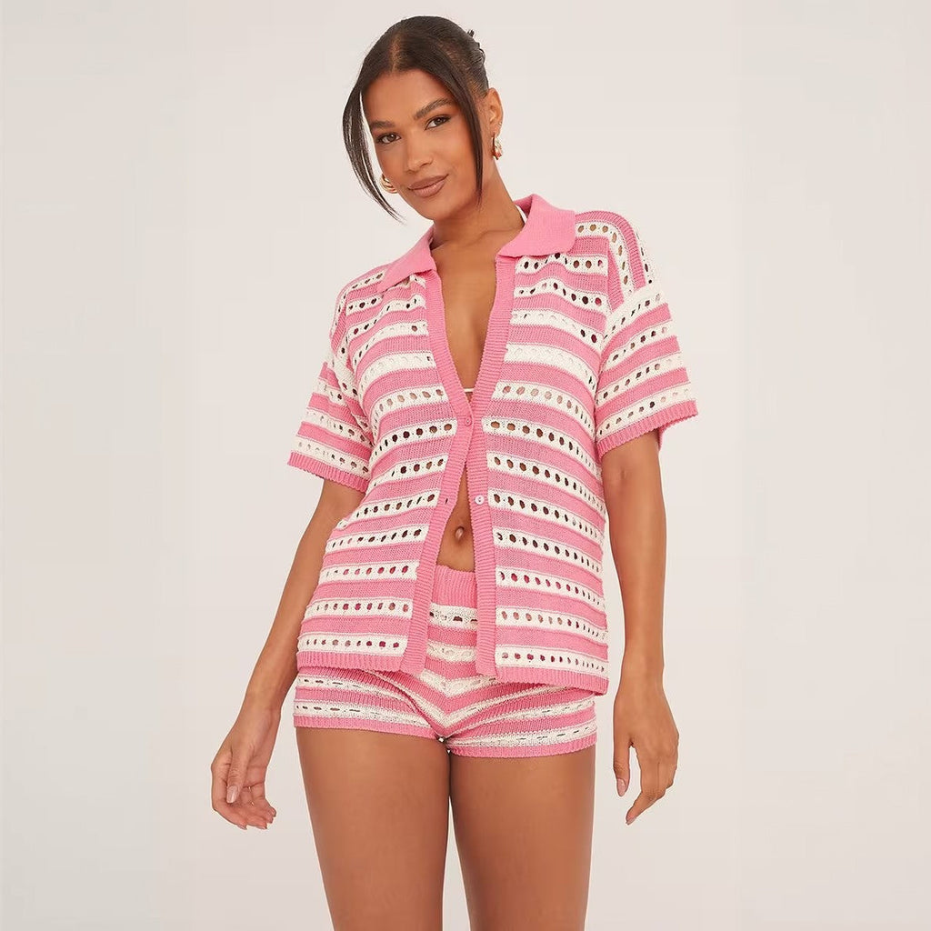 Solid Color Sexy Knitted Beach Bikini Swimsuit Blouse Sun Proof Set Women