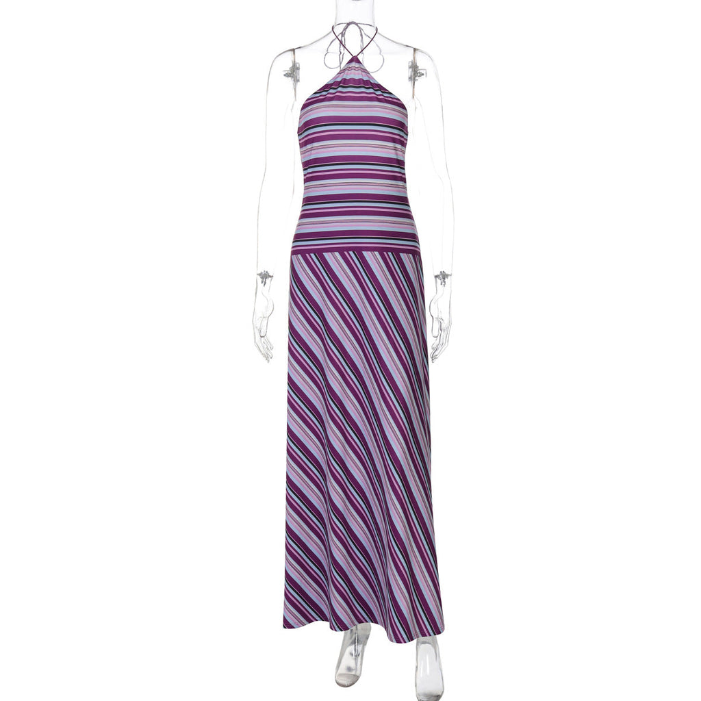 Women Clothing Summer Printed Striped Contrast Color Backless Slender Loose Sexy Dress