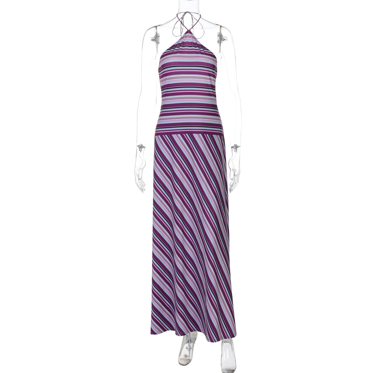 Women Clothing Summer Printed Striped Contrast Color Backless Slender Loose Sexy Dress