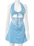 Women Clothing Solid Color Sleeveless Backless Halter Cutout Lace Stitching Short Dress