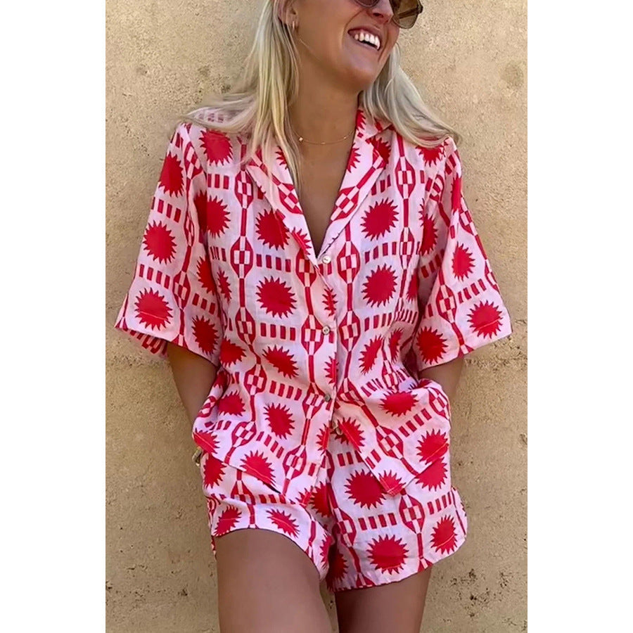 Spring Summer Polo Collar Short Sleeve Pocket Set Casual Loose Vacation Two Piece Set for Women
