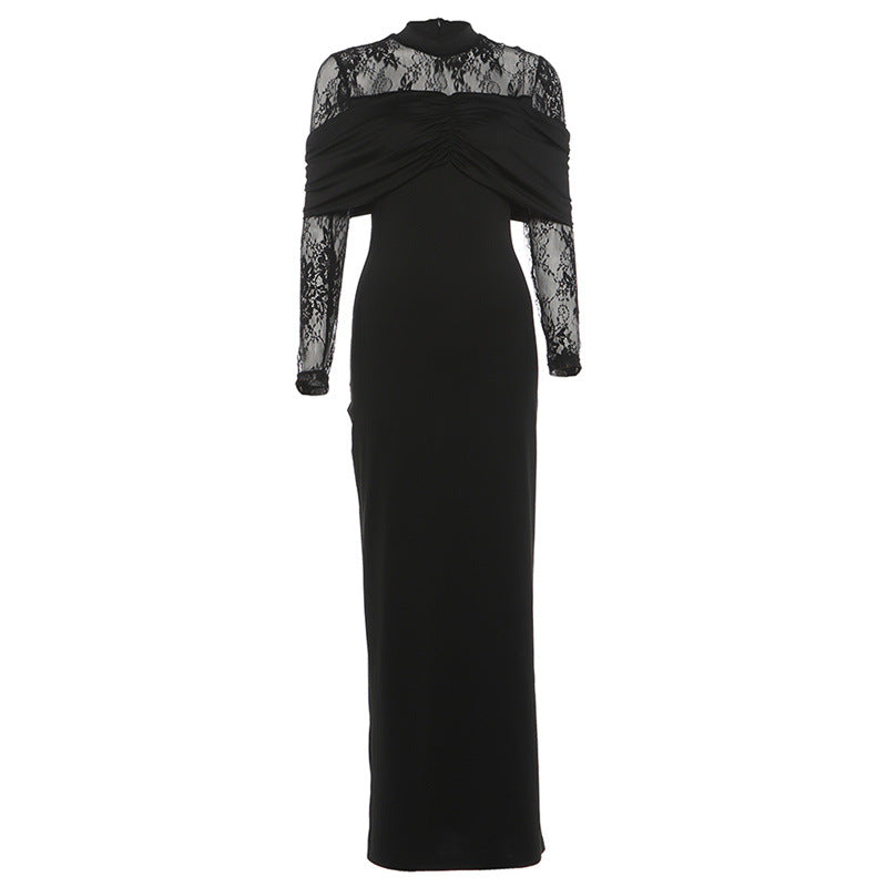 Winter Women Clothing Elegant Graceful Slim Fit Pleated Design Lace Stitching Dress