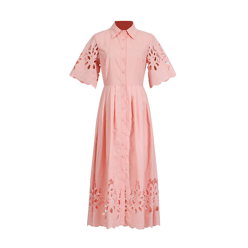 Personalized Embroidered Retro Dress Summer Polo Collar Half Sleeve Hollow Out Cutout Single Breasted Dress