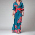 Women Clothing Elegant Printing Lace up Waist Bubble Long Sleeve Dress