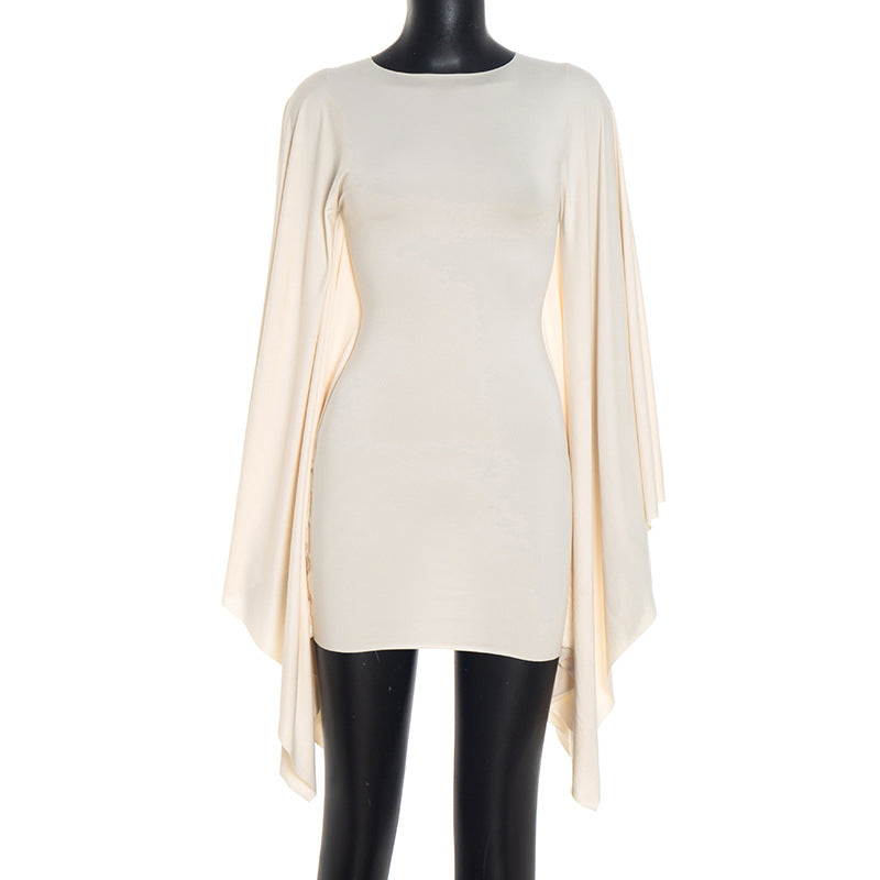 Women Clothing Autumn Solid Color Casual Slim Hip Bat Version Long Sleeve round Collar Dress