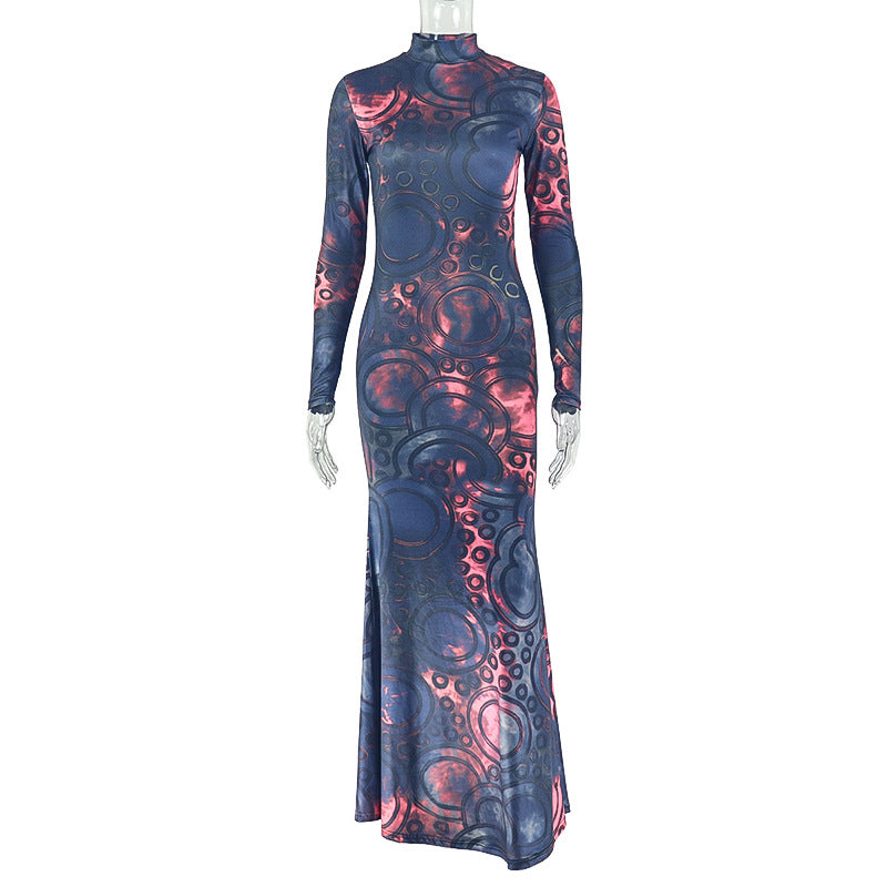 Charm Women Printed Wear Color Matching Hip Dress Sexy Stand up Collar Long Sleeve Waist Tight Dress