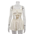 Women Clothing Arrival Sexy Two Piece Sexy Sweet Cool Imitation Silk Ruffle Sleeveless Pajamas