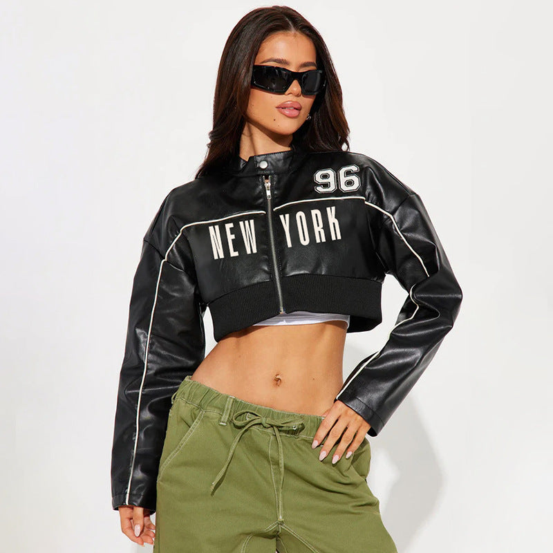 Personality Locomotive Leather Jacket Contrast Color Bud Stripe Numbers Short Faux Leather Jacket Spring Autumn