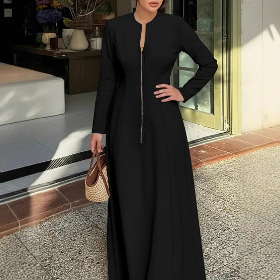 Women Clothing A line Dress round Neck Long Sleeve Zipper Pocket Maxi Dress Simple Elegant