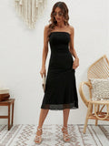 Women Solid Color Sexy Tube Top Cinched Waist Evening Dress Double Layer Mesh Stitching Dress