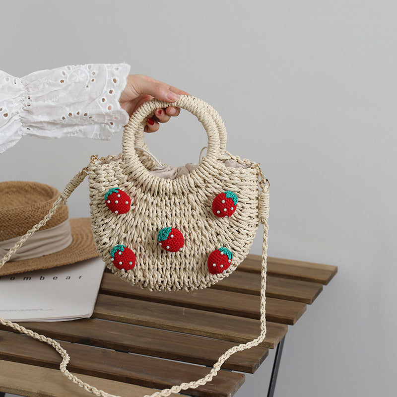 Cute Cherry Fresh Straw Bag Woven Tote Strawberry Cross Body Bag Vacation Beach Bag