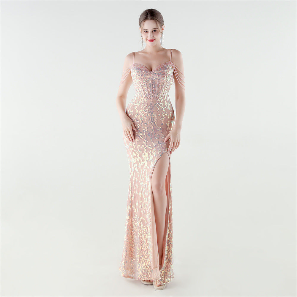 Heavy Industry Sequin Beaded Boning Corset Waist Tight Evening Dress
