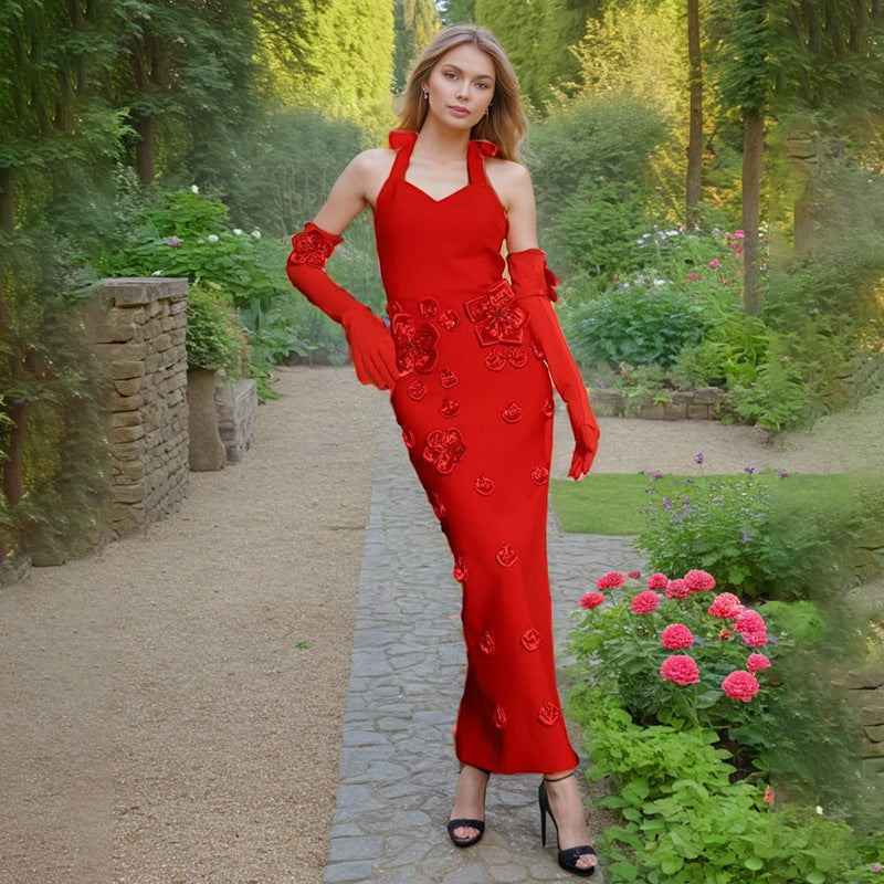 Dinner Light Luxury Dress Patchwork Summer Dress Three Dimensional Floral Decoration Slim Fit Sheath Women