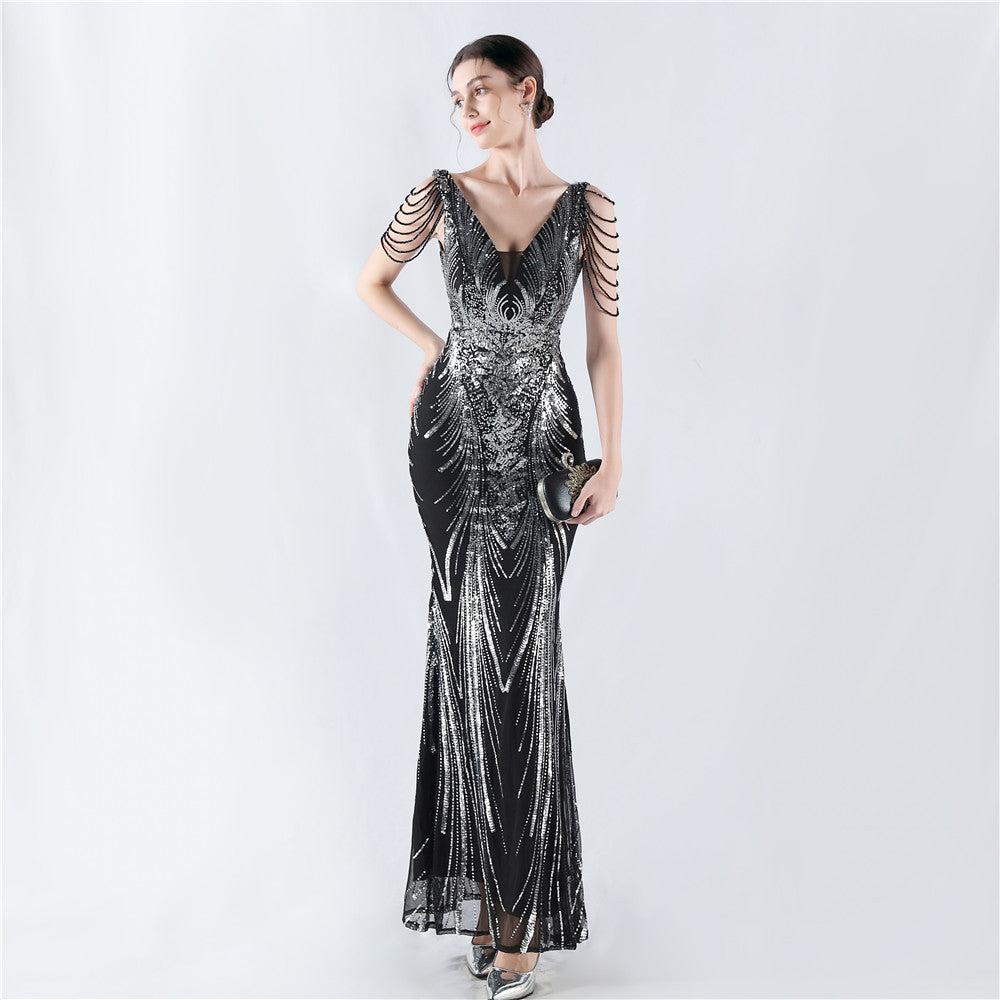 Dress Positioning Floral Sequin with Cloak Craft Beading High-End Evening Dress Annual Meeting Owner