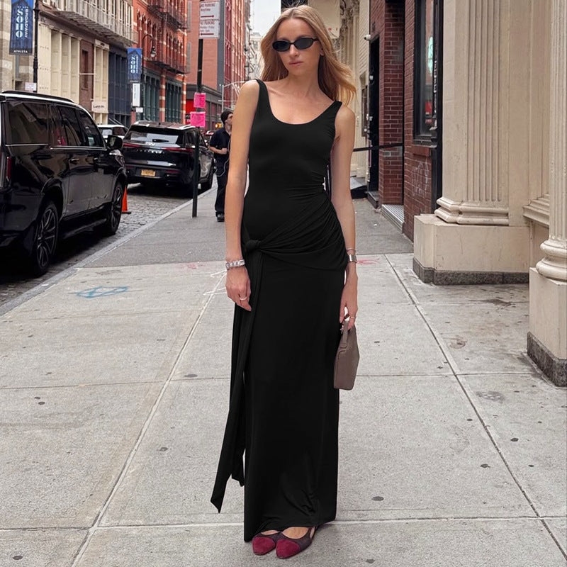 Women Trend Solid Color U Collar Sleeveless Vest Waist Trimming Lace up Tight Dress