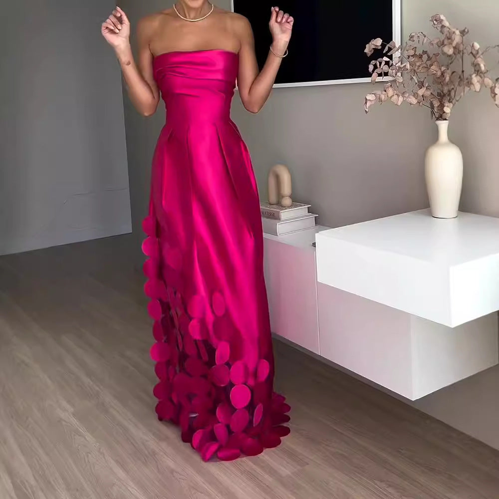 Stitching round Satin Sexy Tube Top High Waist Dress Evening Dress