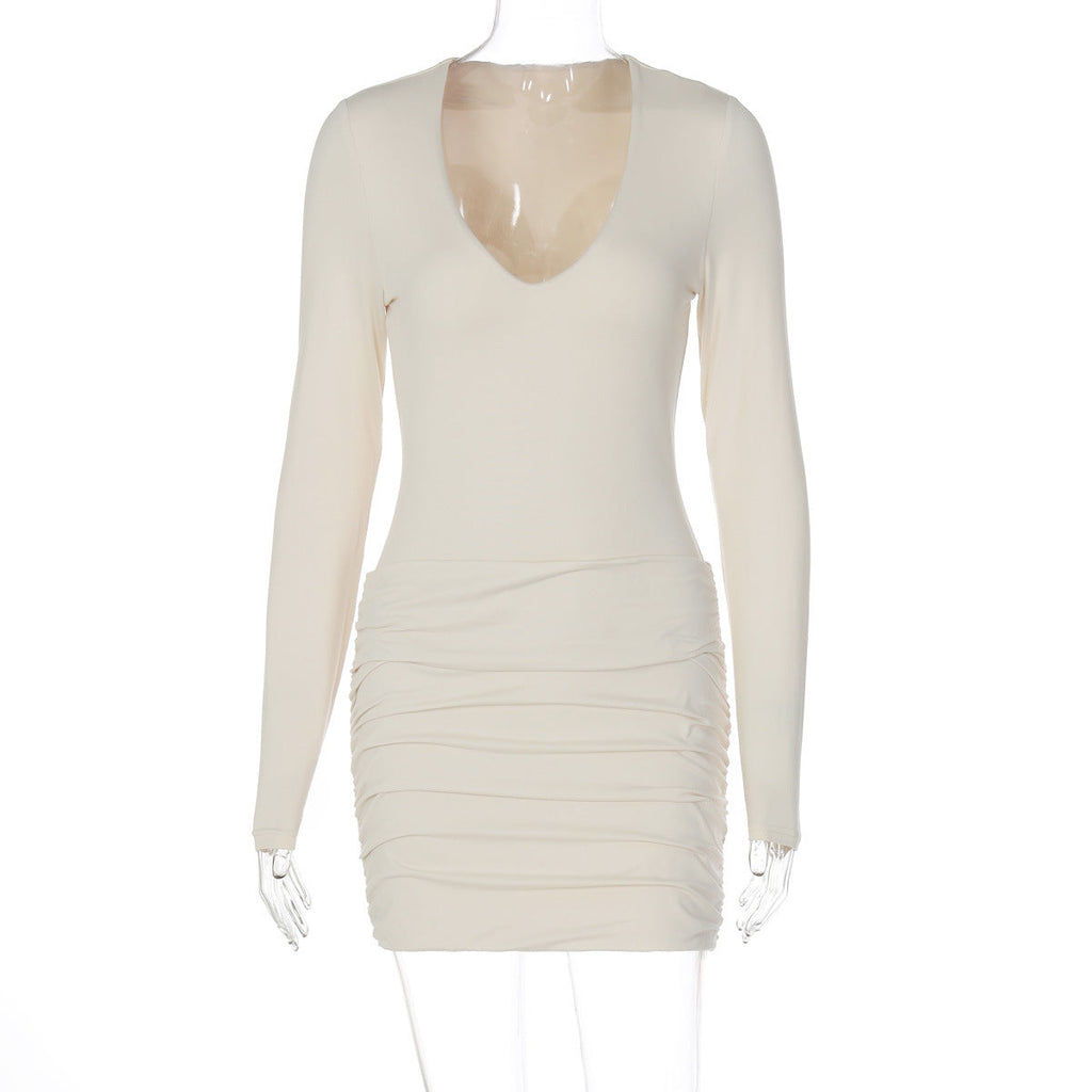 Women Sexy Solid Color Sheath Waist Controlled Pleated Dress