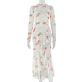 Women Clothing Fresh Printed Long Sleeve Pleated Hip Turtleneck Ruffled Split Maxi Dress