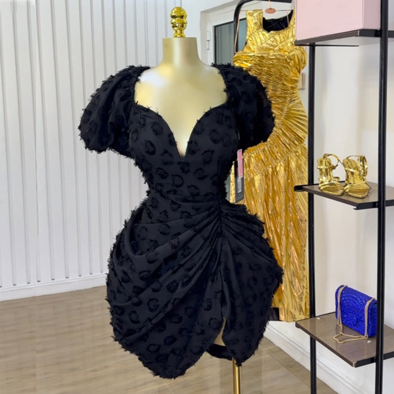 Women Clothing Spring Summer Sexy V neck Puff Sleeve High Waist Slimming Pleating Short Dress