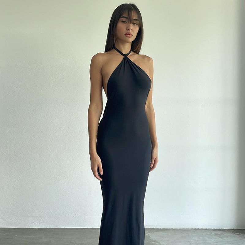 Spring Women Clothes Sexy Backless Solid Color Halter Adult Lady like Woman Maxi Dress for Women
