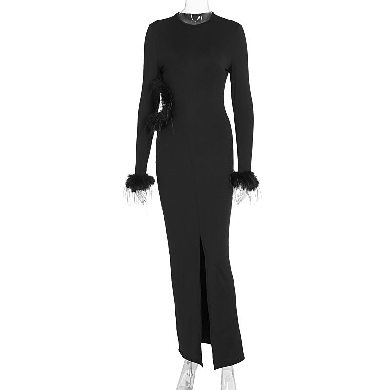 Women Maxi Dress Dignified Hollow Out Cutout Slim Feather Decoration Long Sleeve Autumn Winter Dress Women