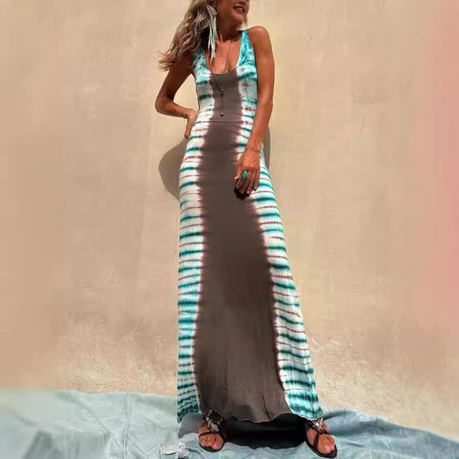 Dress Positioning Printing Backless Lace Up Sexy Dress
