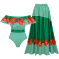 Swimsuit Green Striped Floral Stitching Swimsuit Women Tube Top Swimsuit