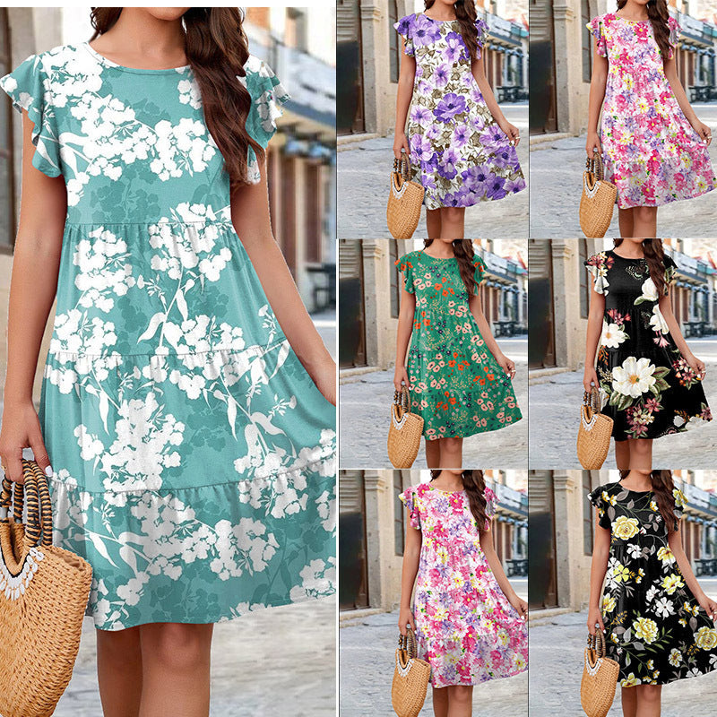 Women Popular Knitted Printed Cake Flying Sleeve Casual Dress