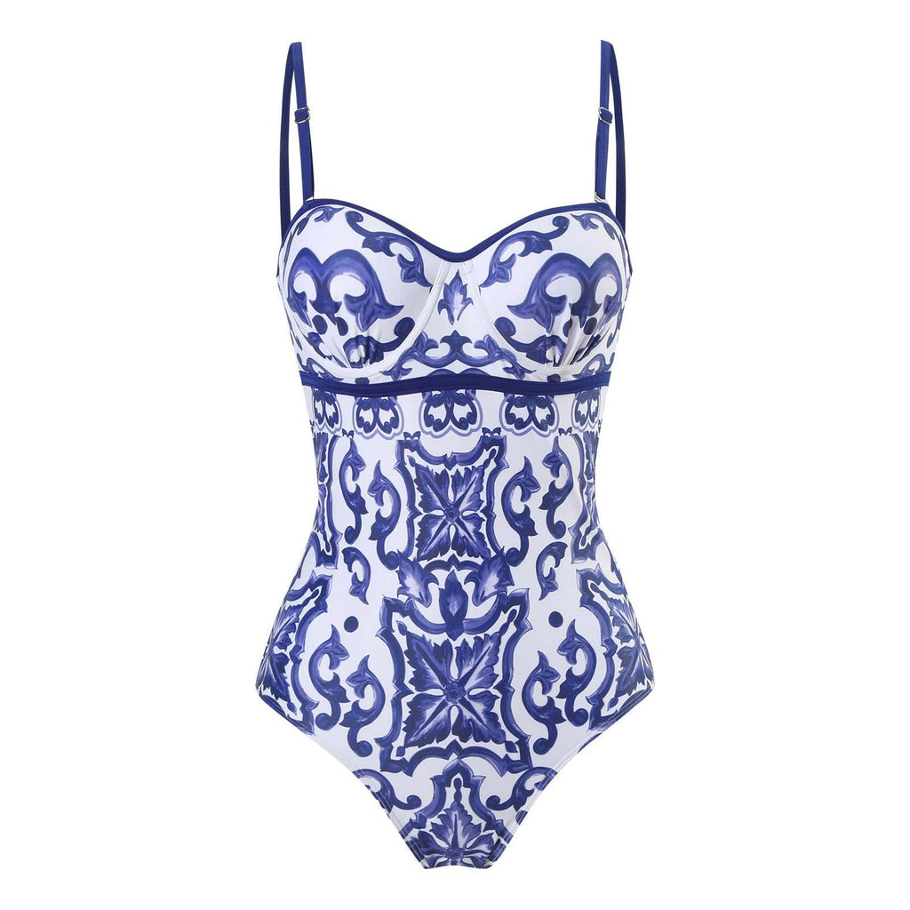 One Piece Swimsuit Women Skinny Slimming Vintage Printed Chiffon Dress with Steel Bracket Hard Bag Swimsuit