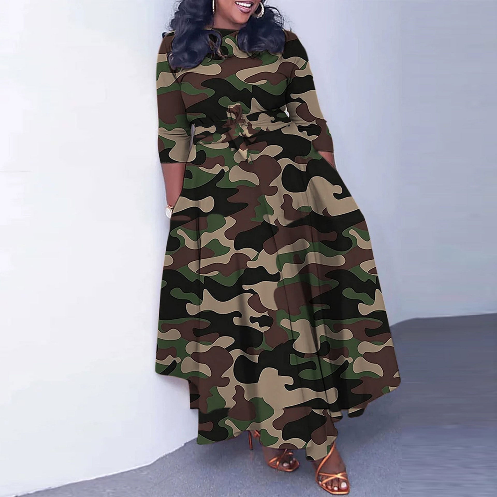 Sexy Slim Fit Camouflage Printed Large Waist Tight Lace up Dress
